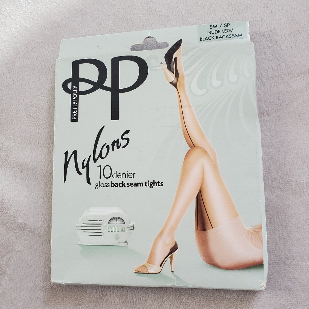 Pretty Polly Glossy Black Back Seam Nylon Tights SM/SP Nude Cuban Heel VTG New